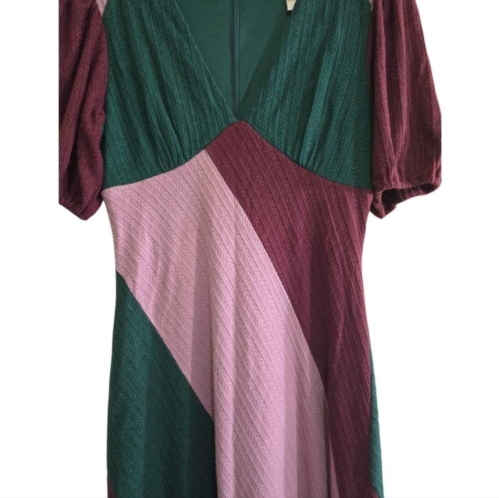 Hutch Colorblock Ribbed Knit Midi Dress Large Deep V-neck Burgundy Hunter Green - Picture 6 of 11